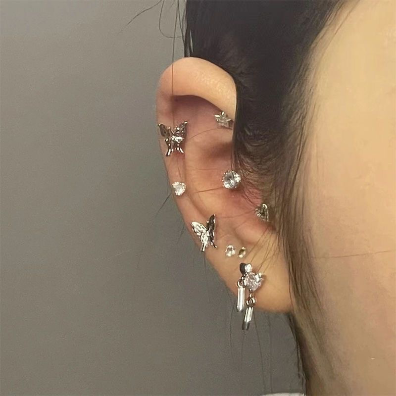 Double-hole Chain Ear Cuff Stud Earrings For Women Sweet Yet Edgy Y2K-style Colorful Starburst Earrings