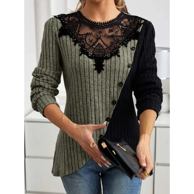 Lace Round Neck Color blocked Ribbed Cross Hem Long Sleeve Knit T shirt Army Green - Shop at LoveMi