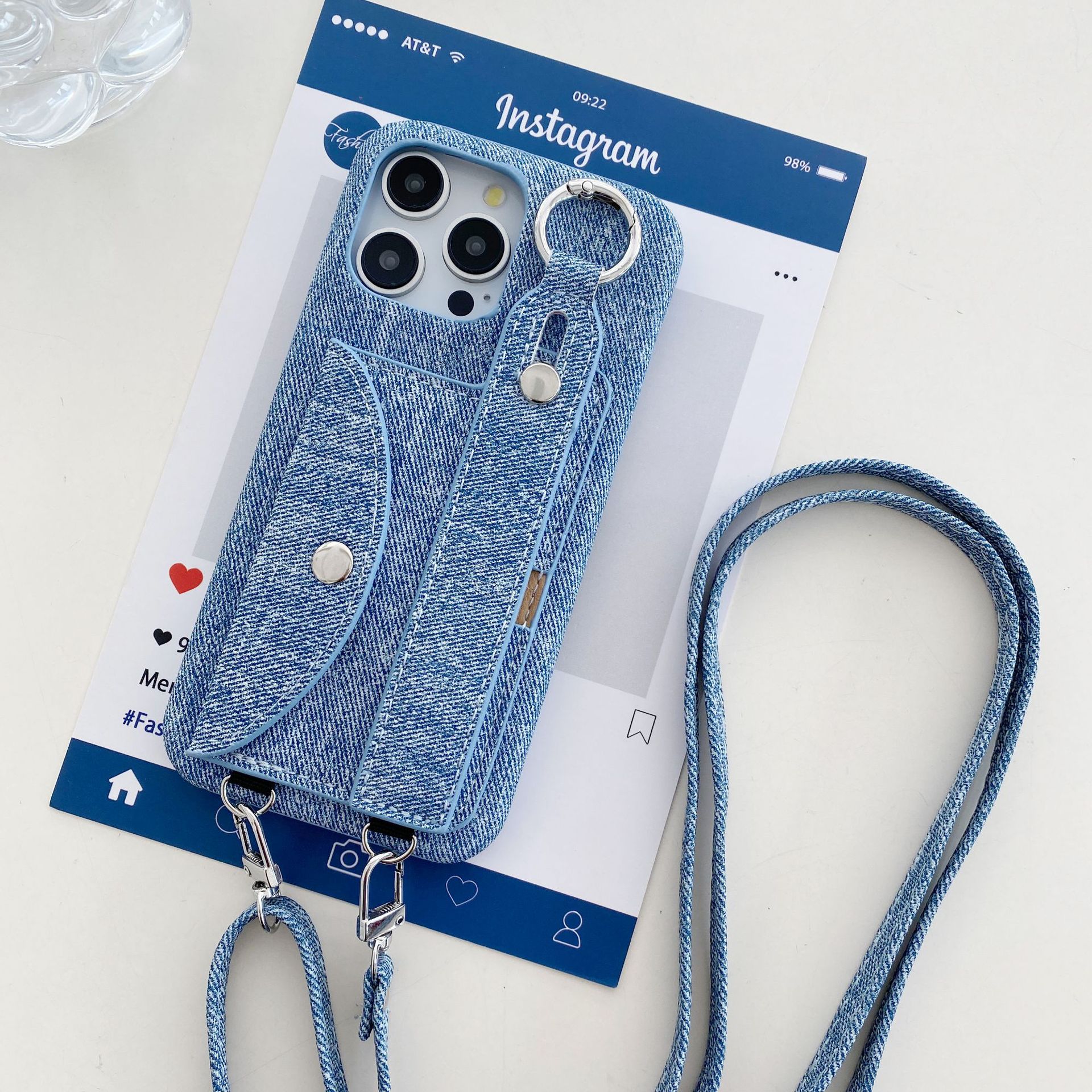 Leather Phone Case Iphone15 Denim Pattern Wrist Strap - Image 3