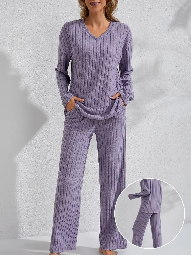 Women’s Ribbed Long Sleeve Top and Pants Loungewear Set