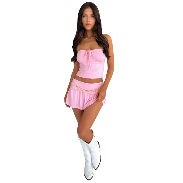 Women's Fashion Tube Top Pleating Double layer Pantskirt Two piece Set Light Pink - Shop at LoveMi