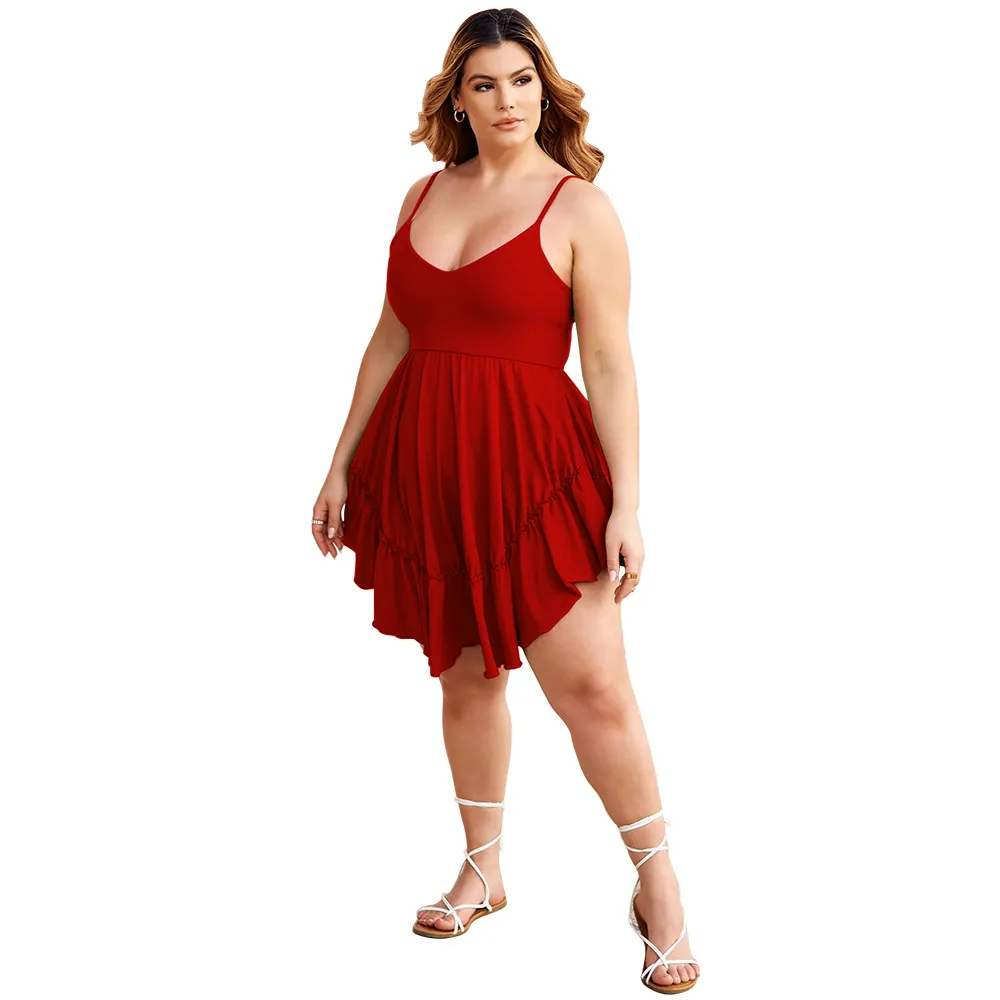 Casual V-neck Waist-cinching Knitted Slip Dress In Plus Sizes - Red