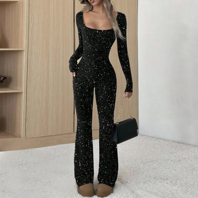 Autumn Temperament Slim Fit Square Neck Silver Jumpsuit For Women Black - Shop at LoveMi