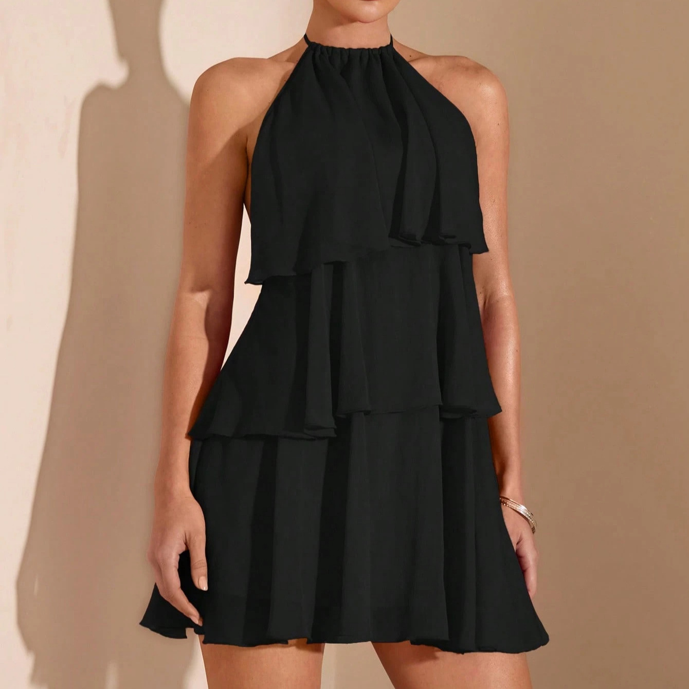 Irregular Solid-color Sweet Lace-up Tiered Skirt