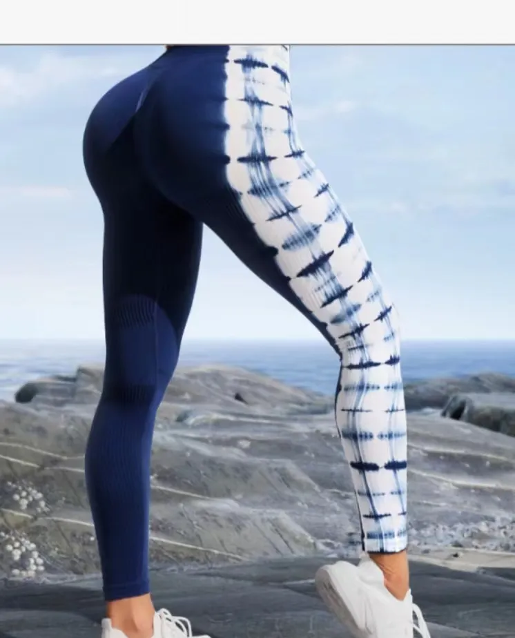 Tie-dye Seamless Yoga Pants Quick-drying Tight Belly Trimming Fitness Pants High Waist Hip Lift - Navy