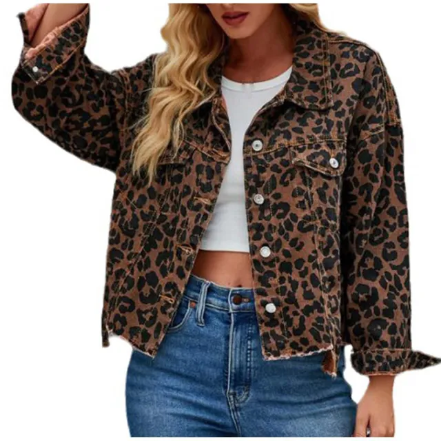 Animal Print Frayed Button Short Denim Coat Picture Color L - Shop at LoveMi