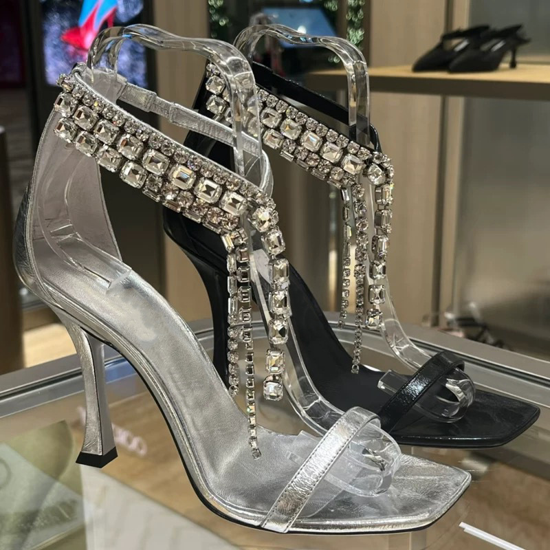 Silver Crystal-embellished Strap Open-toe Sandals With A Chunky Heel For Women