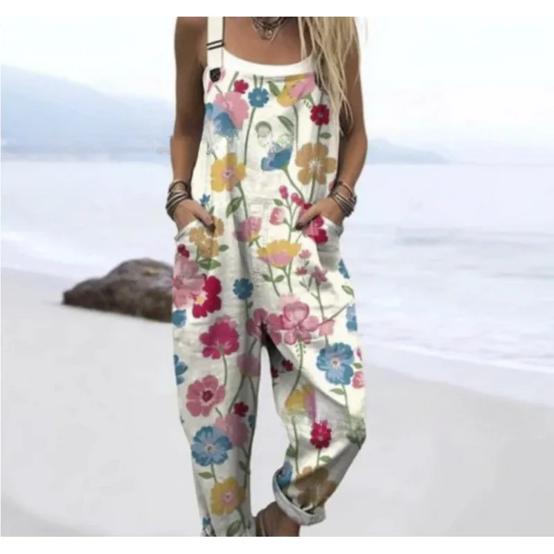 Women's Summer Digital Printing Button Casual Suspender Trousers - Tjrjddk017-4Xl