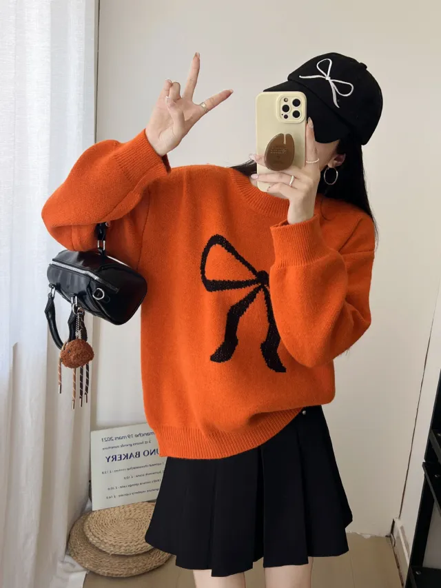 Women's Crew Neck Knitted Pullover With Bowknot Pattern Orange - Shop at LoveMi