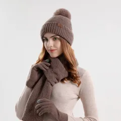 Knitted Woolen Cap Women's Warm Hat Scarf Gloves Three-piece Set - Khaki - View 1