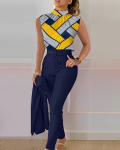 Cute Style Fresh Sweet Women's Printed Sleeveless Fashion Casual Set - Yellow Stripe Color - View 1