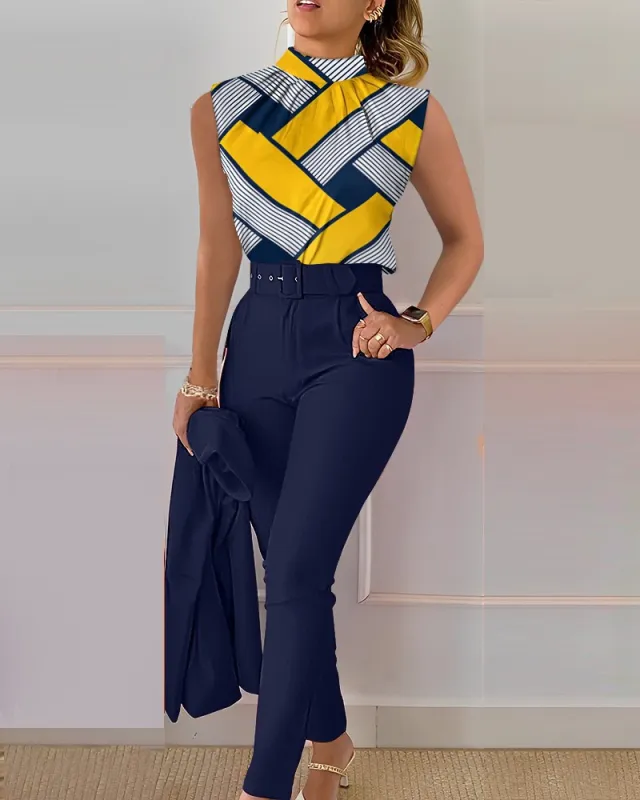 Cute Style Fresh Sweet Women's Printed Sleeveless Fashion Casual Set Yellow Stripe Color - Shop at LoveMi