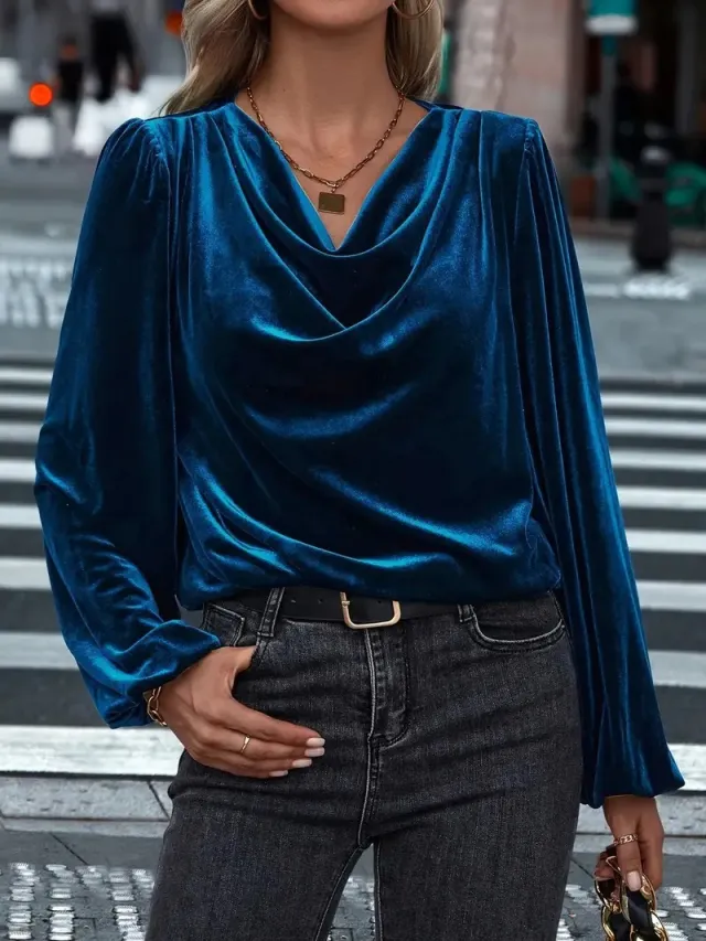 Women's Pile Collar Long Sleeve Top Blue - Shop at LoveMi