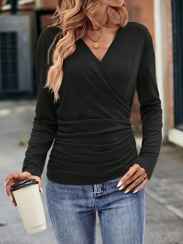 Long sleeved V neck Solid Color T shirt Casual Top Black - Shop at LoveMi