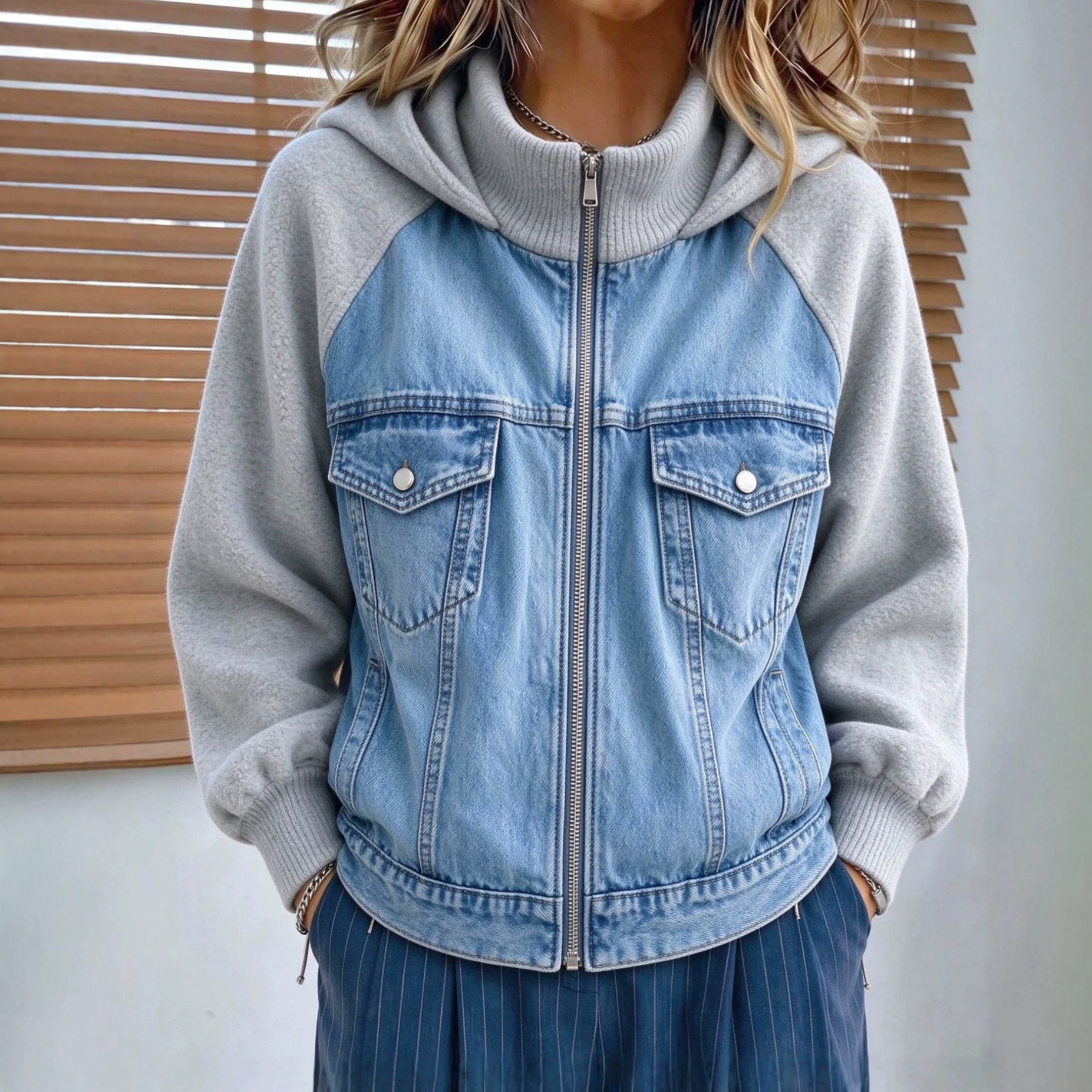 Retro Denim Patchwork Hooded Knitted Cardigan Women's AutumnWinter Coat