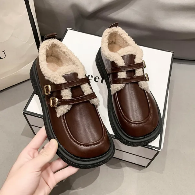 Fleece lined Leather Shoes Women's New Fashion All matching Brown - Shop at LoveMi