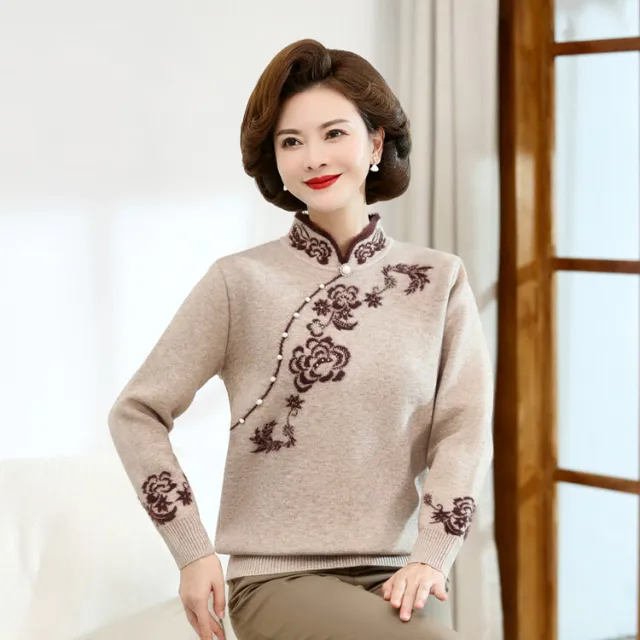 Women's Middle aged And Elderly Knitted Long Sleeve Lapel Top Khaki - Shop at LoveMi