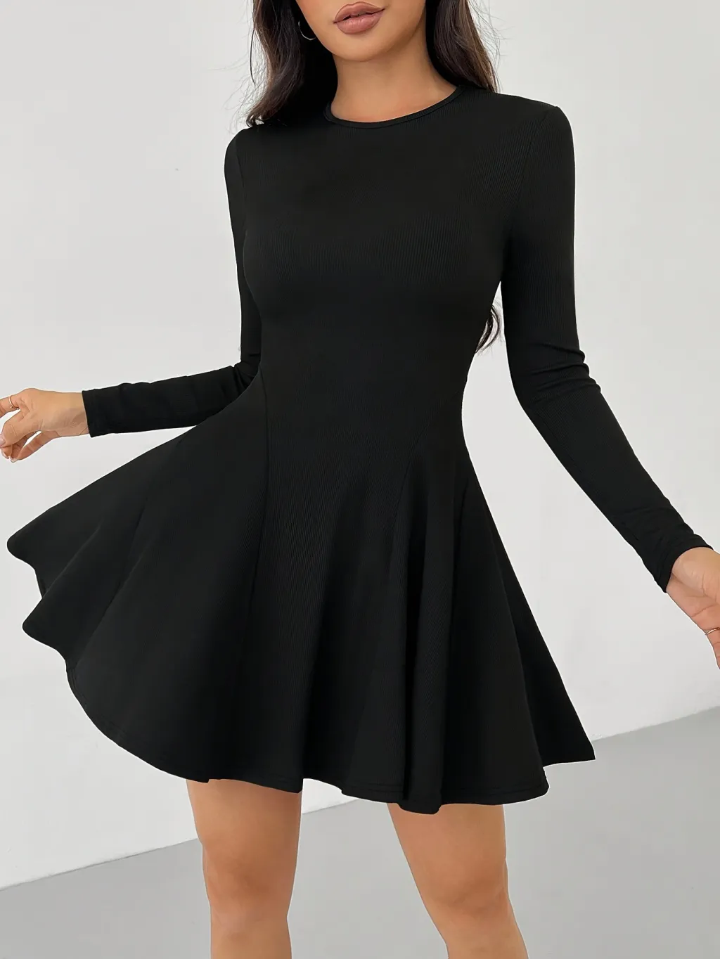 Fashion Solid Colour Rib Fabric Dress For Women - Black