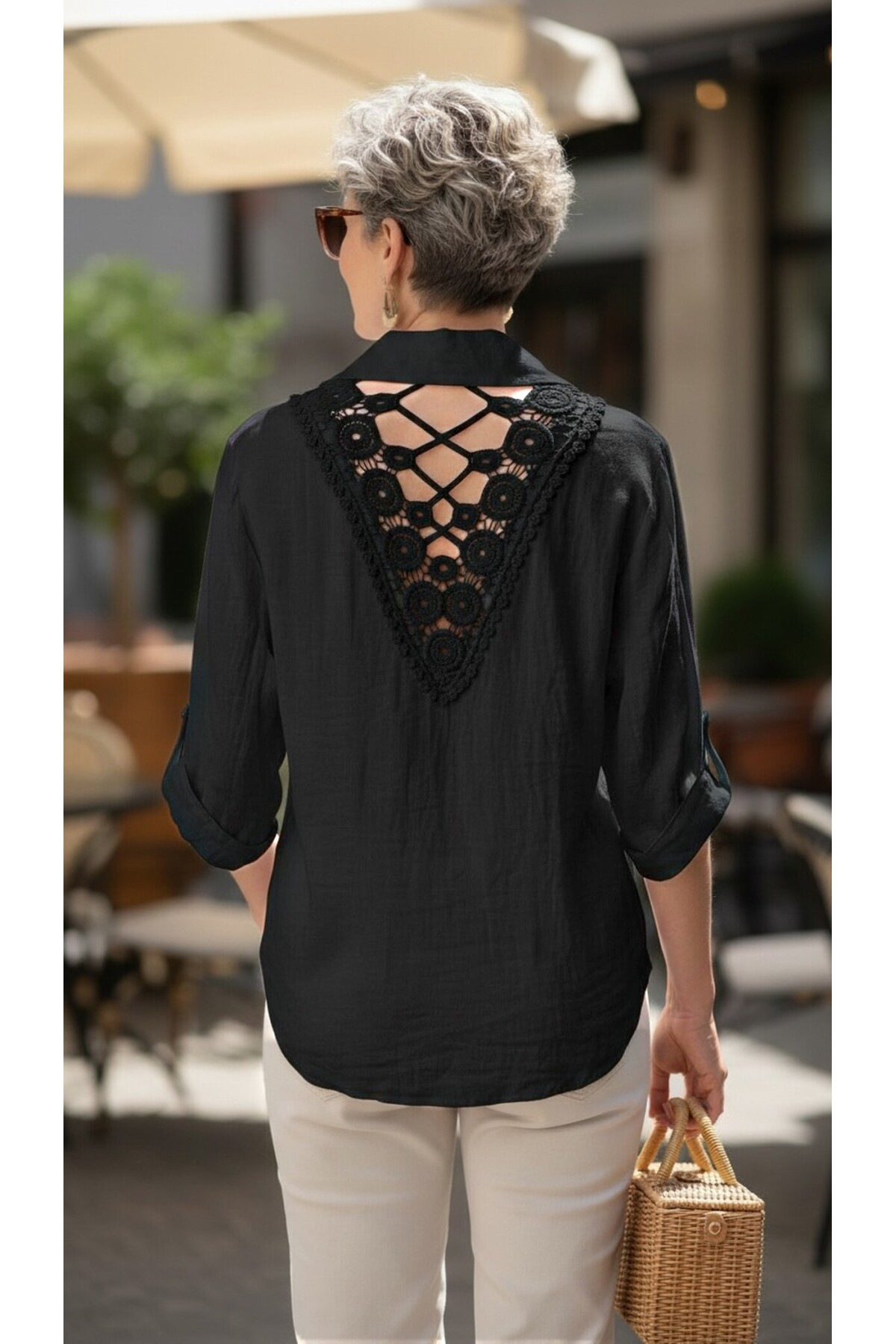 Buttoned V-Neck Lace-Up Shirt with Pockets for Women Buttoned V-Neck Lace-Up Shirt with Pockets for Women