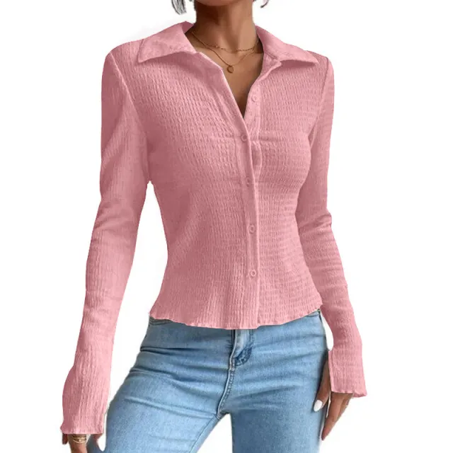 Women's Solid Color Stitching Split Sleeve Cardigan Button Top Lapel T shirt Pink - Shop at LoveMi