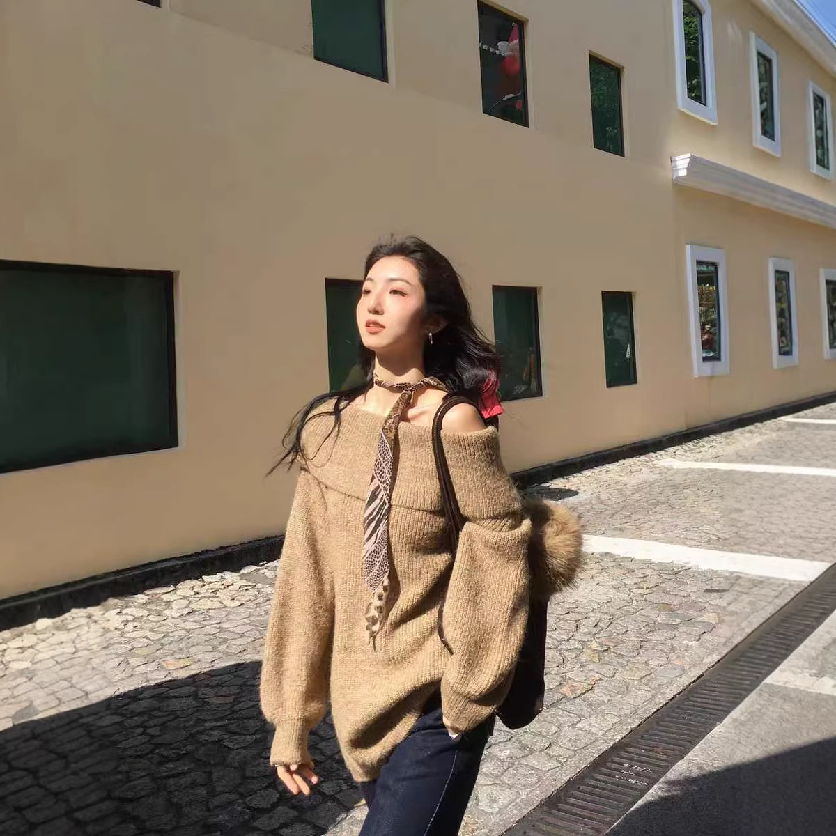 Korean Style Off Shoulder Knit Sweater Women's Loose Fit One Neck Long Sleeve Pullover Top For Autumn Winter Casual Wear