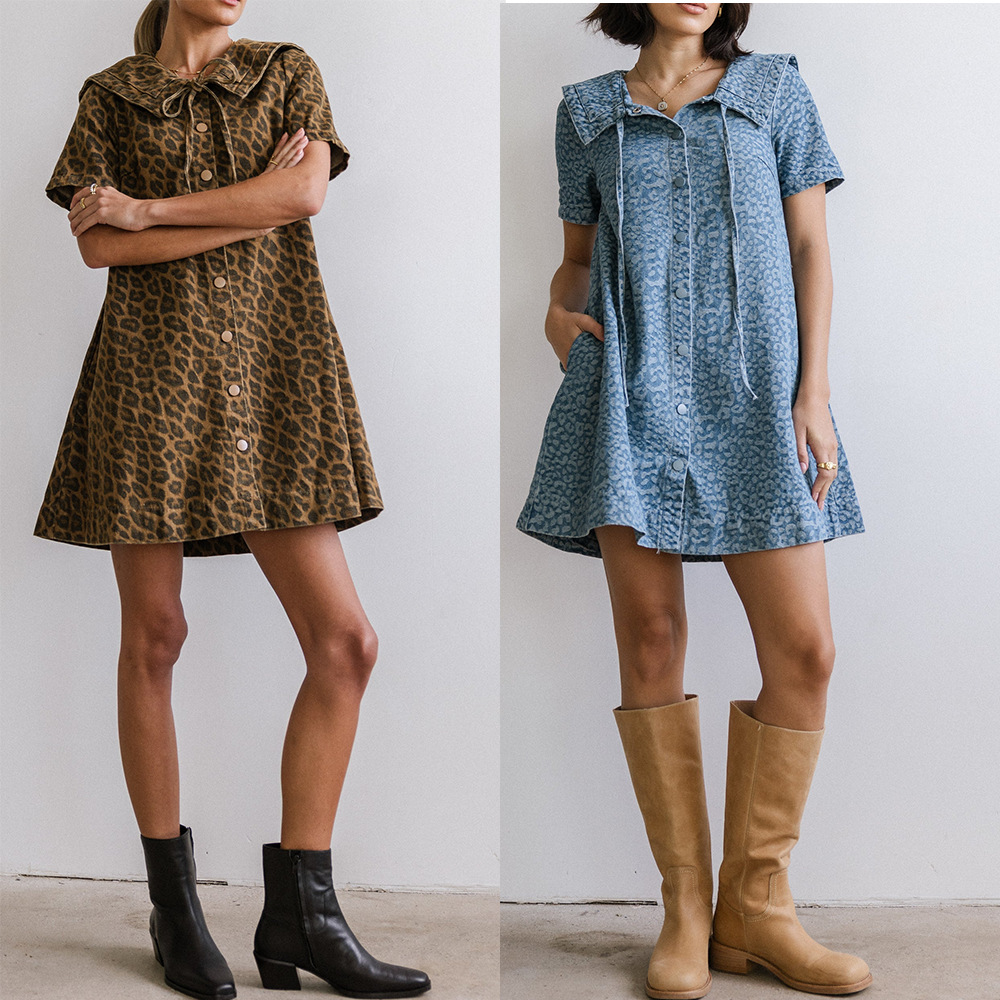 Casual Leopard-Print Slimming Denim Dress