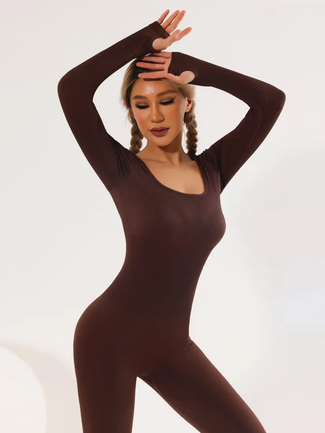 Women's Long sleeved Thread Yoga Suit Sexy Square neck Women's Hip Raise Slim Fit Sports Jumpsuit Brown - Shop at LoveMi