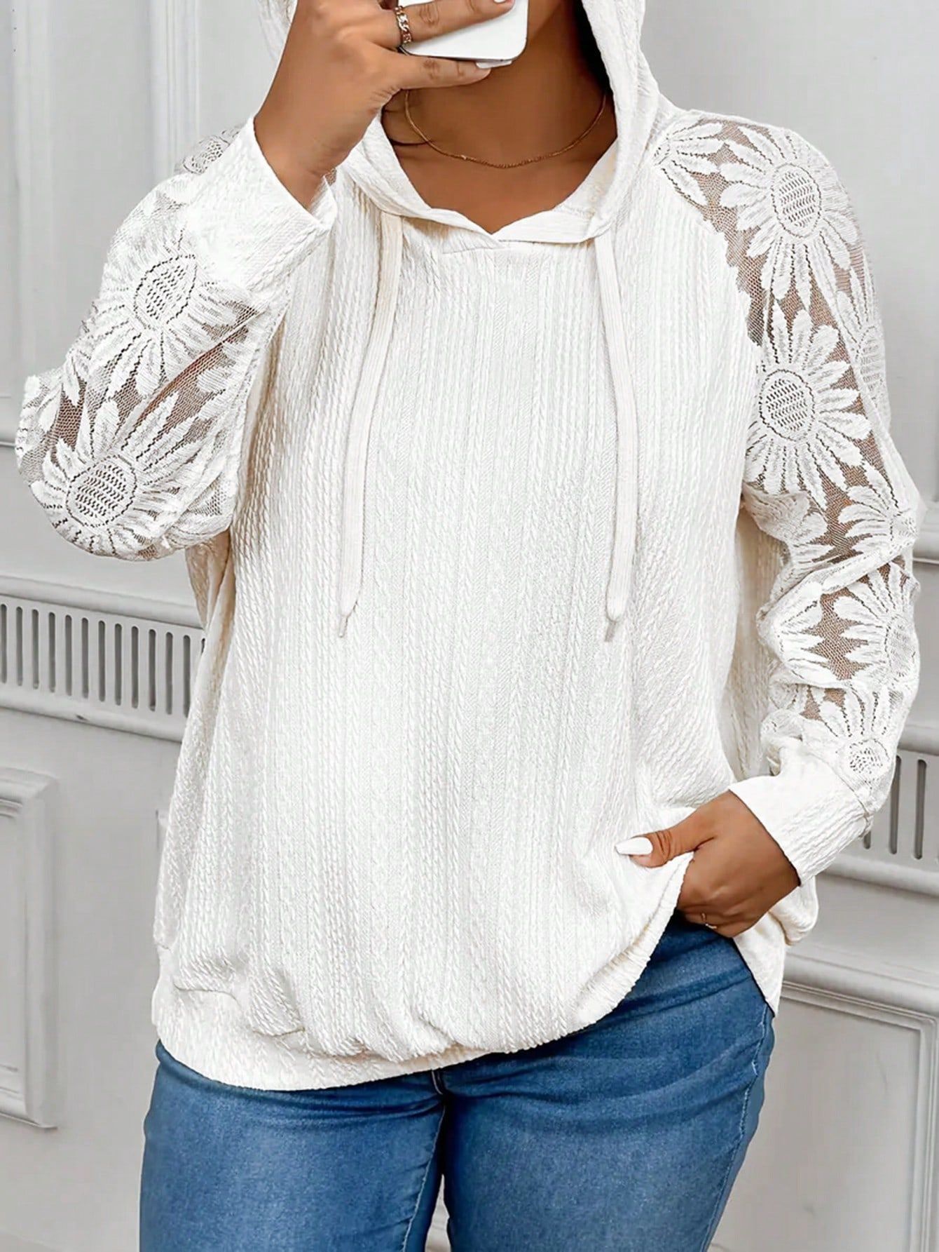 Women's lace hollow-out long sleeve pullover in white – full outfit boho beach style