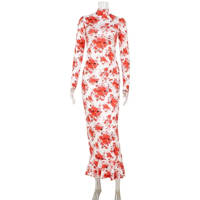 Women's Elegant Half Neck Printed Long Sleeve Lace Patchwork Bodycon Dress Red - Shop at LoveMi