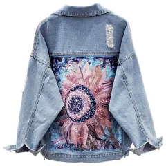 Loose Korean Style Jacket Heavy Industry Ripped Denim - Blue - View 1