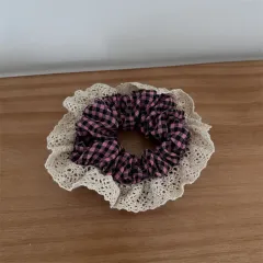 Pastoral Style Plaid Large Intestine Hair Ring Cute Lace Edge Simple - Pink - View 1