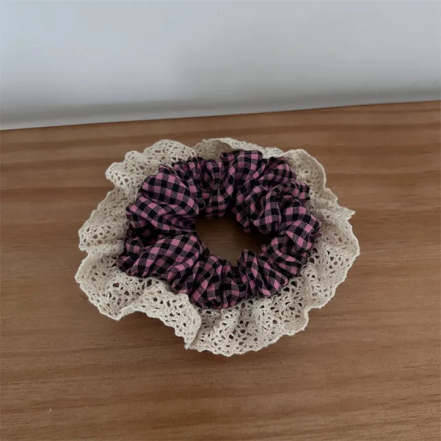Pastoral Style Plaid Large Intestine Hair Ring Cute Lace Edge Simple Pink - Shop at LoveMi