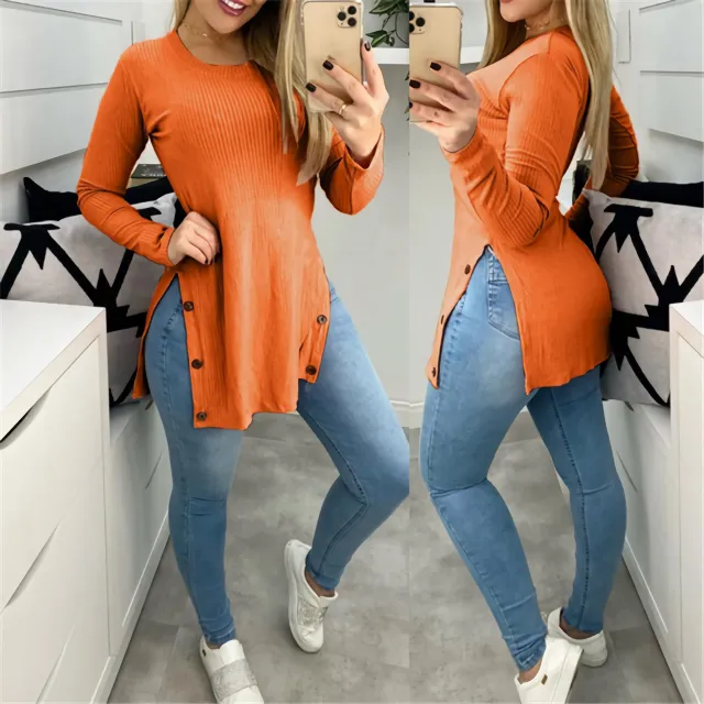 Women's Solid Color Round Neck Loose Sunken Stripe Slit Long sleeved T shirt Orange - Shop at LoveMi