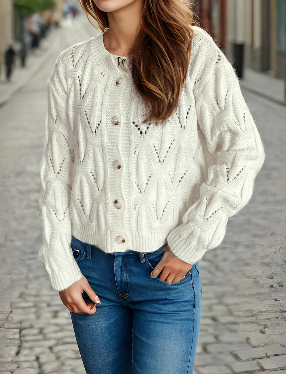 Button Knitted Cardigan Sweater Coat - White