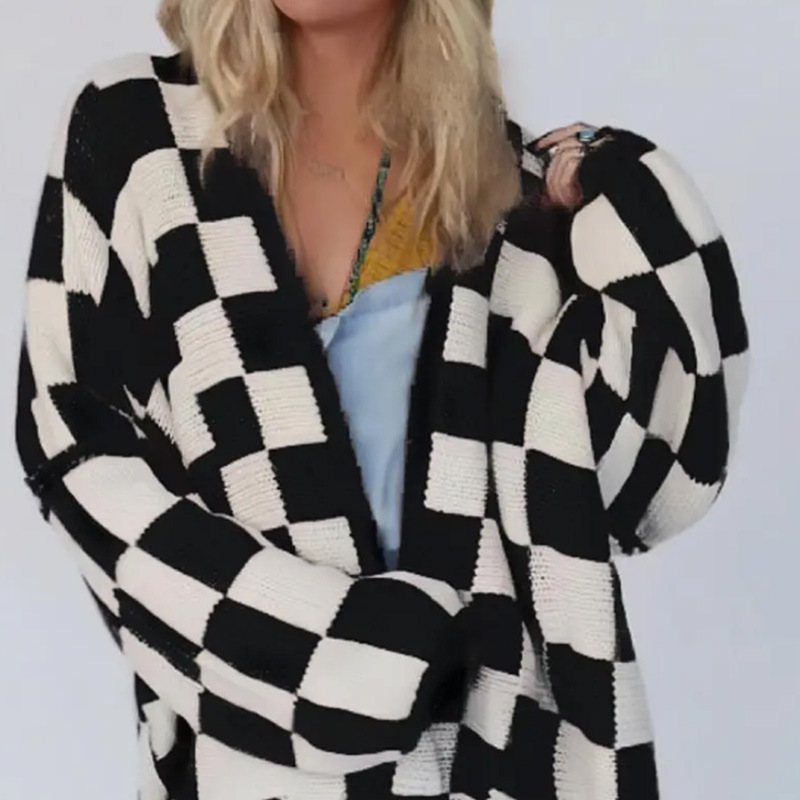 Contrast Color Checkerboard Sweater Cardigan