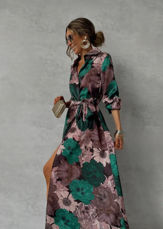 Printed Waist controlled Lace up Long Sleeve Dress - Shop at LoveMi