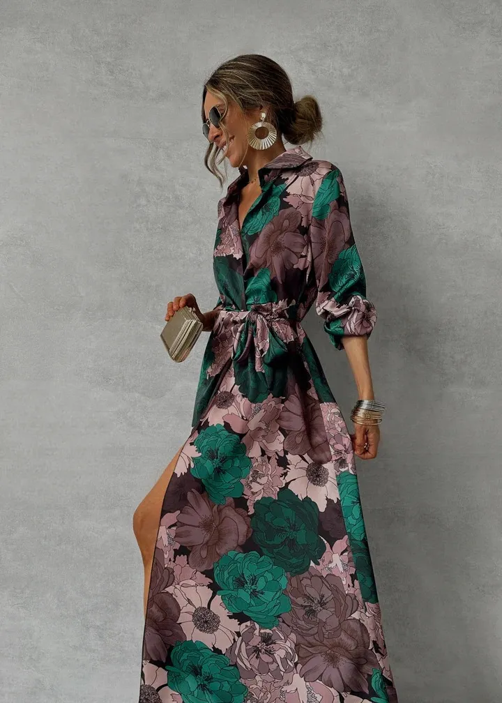 Printed Waist-controlled Lace-up Long Sleeve Dress