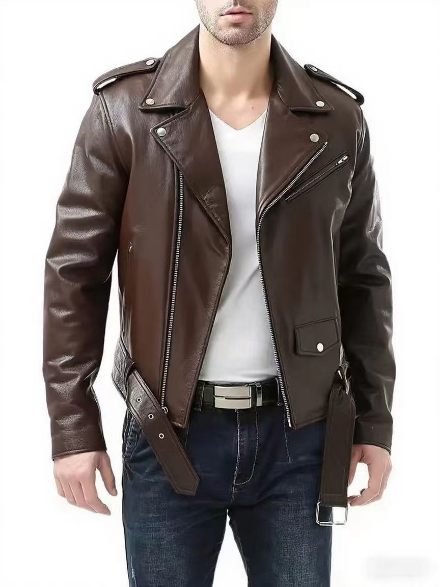 Stylish Slim-fit And Handsome Mens PU Leather Jacket With A Zipper