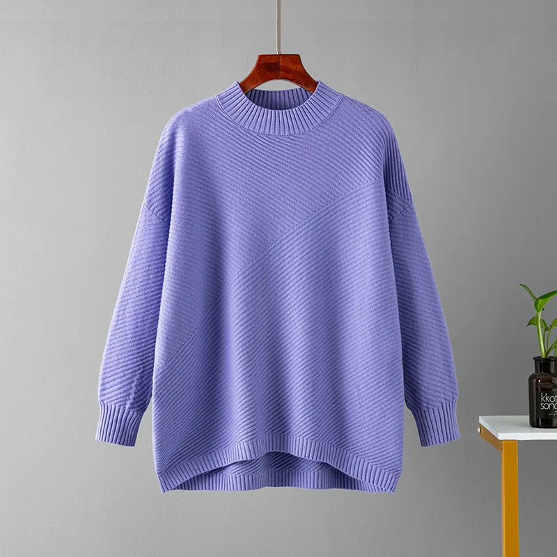 Retro Loose Oversized Long Sleeves Top Solid Colour Pullover Sweater - Purple