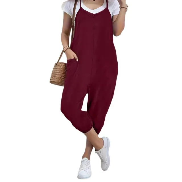 Pocket Sling Loose Casual Jumpsuit Women Wine Red - Shop at LoveMi