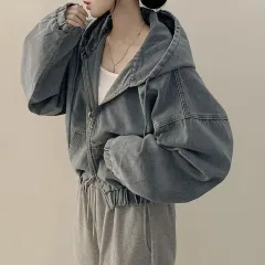 Retro Elegant Zipper All-matching Loose Casual Long Sleeve Hooded Short Denim Coat For Women - Blue - View 1