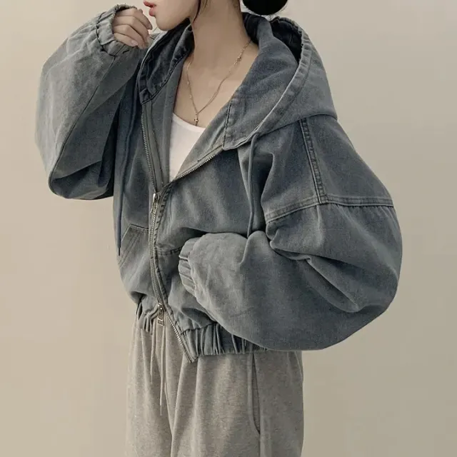 Retro Elegant Zipper All matching Loose Casual Long Sleeve Hooded Short Denim Coat For Women Blue - Shop at LoveMi