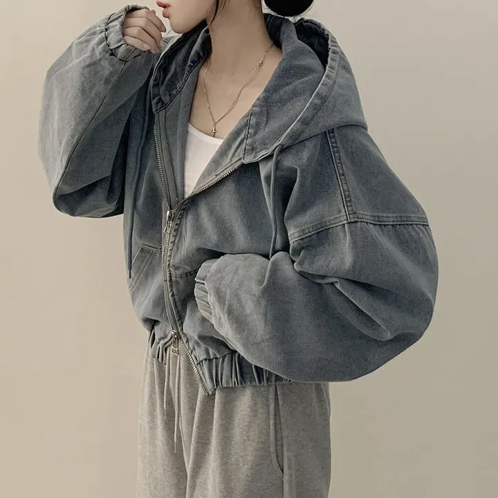 Retro Elegant Zipper All-matching Loose Casual Long Sleeve Hooded Short Denim Coat For Women - Blue