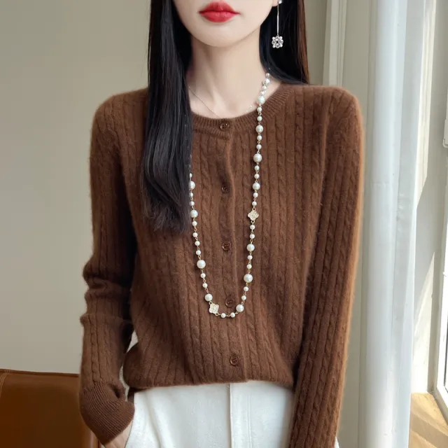 Women's Round Neck Wool Cardigan Twisted Wool Sweater Maillard Color - Shop at LoveMi
