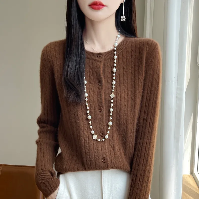 Women's Round Neck Wool Cardigan Twisted Wool Sweater - Maillard Color