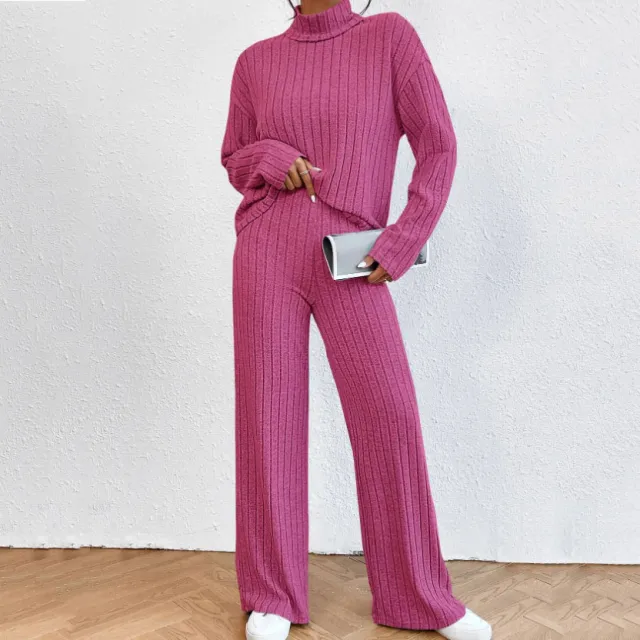 Autumn And Winter Leisure Turtleneck Knitting Long sleeve Suit Women's Sweater Loose Trousers Two piece Set Rose - Shop at LoveMi