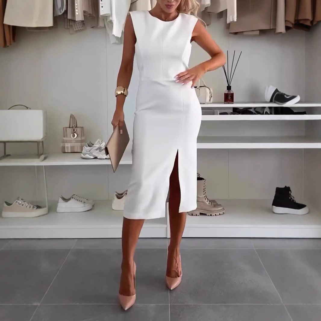 Women's Round Neck Elegant Split Solid Color Slim Fit Dress