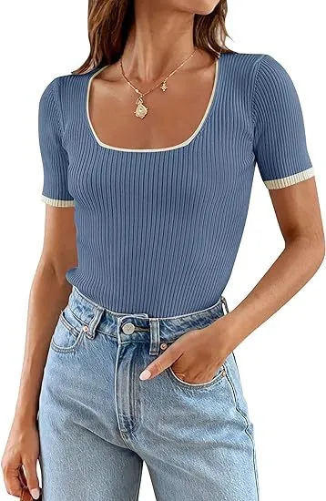 Square Collar Basic Short Sleeve T shirt Casual All matching Tops Gray Blue - Shop at LoveMi