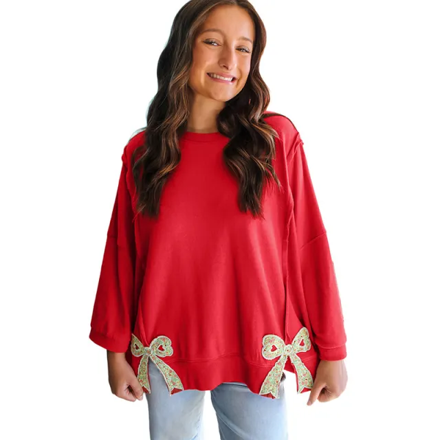 Women's Fashionable, Designer Style Patchwork Hoodie With Bow Knot And Crew Neck Red - Shop at LoveMi