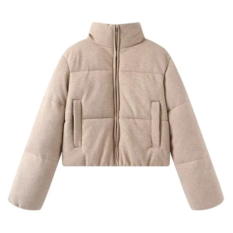 New Womens Knitted Fabric Stand-collar Thermal Cotton Coat - Khaki